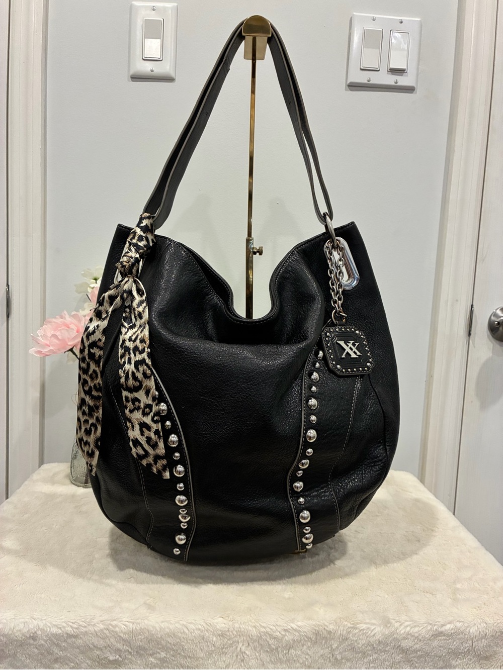 MAXX New York Black Leather Studded Hobo Bag Leopard Scarf Rocker Y2K